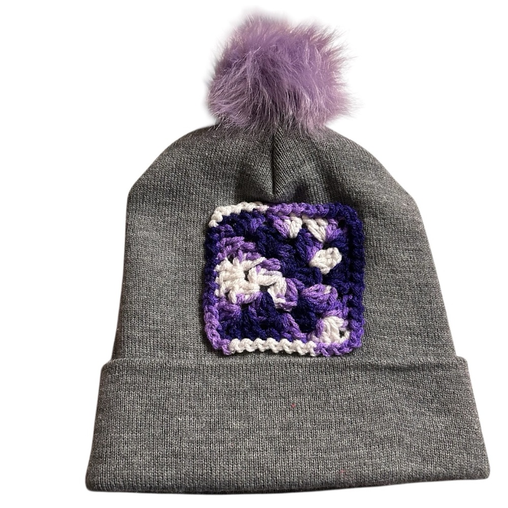 Stylish Gray and Purple Beanie with Pom Pom
